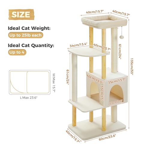 PAWZ Road Large Cat Tree, 73 Inches Tall Wooden Cat Tower with 2 Spacious Hammocks,2 Big Top Beds,8 Fully Scratching Posts and Natural Wood Posts, Multi Cat Tree for Indoor Cats Large Adult-XL