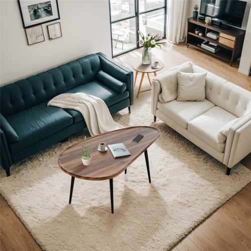 Oval Coffee Table for Small Space, Mango Shape Tabletop, Simple Modern Table with Metal Legs, Walnut 23.6
