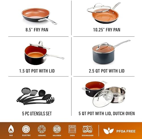 Gotham Steel 15 Pc Ceramic Pots and Pans Set Non Stick, Kitchen Cookware Sets, Pot and Pan Set, Ceramic Cookware Set/Copper Cookware Set Non Stick, Non Stick Pots and Pan Set Dishwasher Safe,