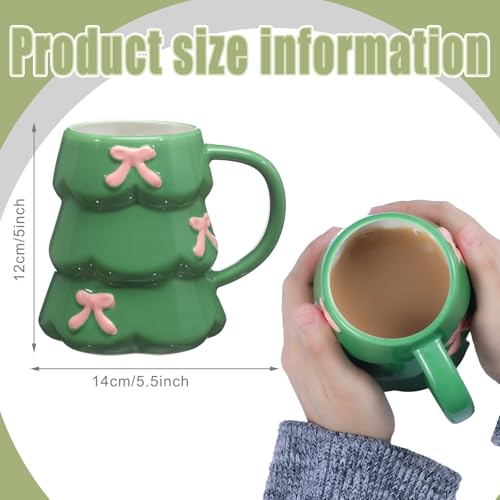2 Pcs Christmas Tree Mug with Pink Bows 18oz Green Holiday Ceramic Coffee Mug, Cute Tree Shape Cup for Hot Cocoa, Tea, Latte, Festive Christmas Winter Gift for Women Holiday Lovers