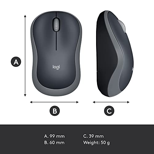 Logitech M185 Wireless Mouse, 2.4GHz with USB Mini Receiver, 12-Month Battery Life, 1000 DPI Optical Tracking, Ambidextrous PC/Mac/Laptop - Swift Grey
