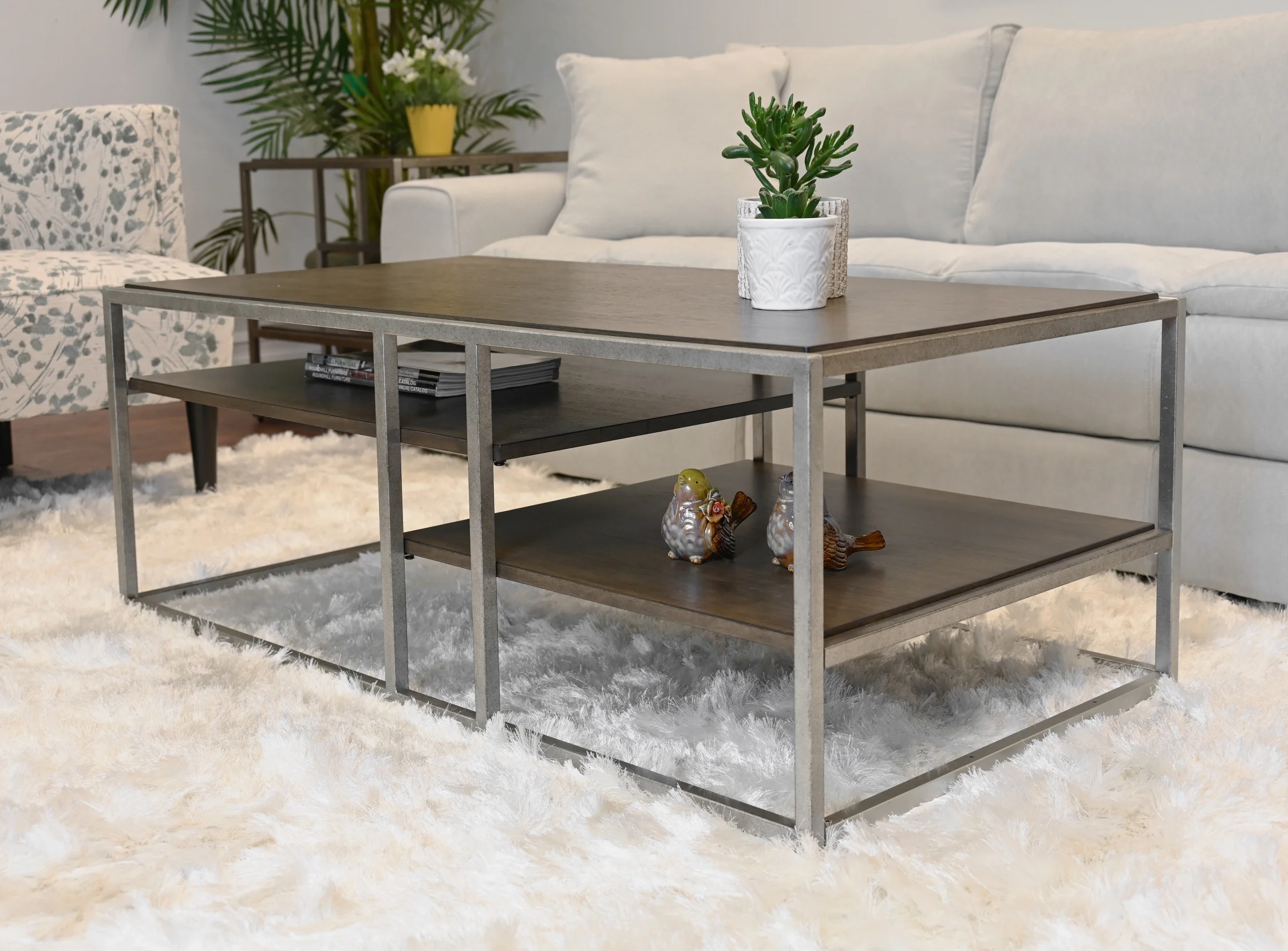 Roundhill Furniture Wood/Metal Padena Coffee Table with Shelf in Graphite Gray