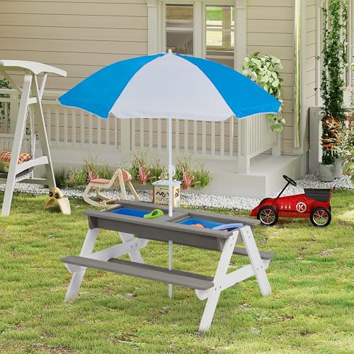 Wooden 3-in-1 Sand & Water Table with Umbrella, Kids Picnic Activity Table with Removable Top for Outdoor Backyard Patio Play