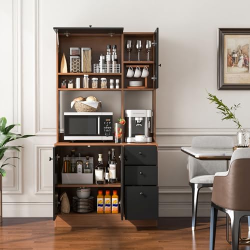 Giantex Kitchen Pantry, Buffet Hutch with 3 Storage Cabinet, 71'' Floor Large Cupboard with 3 Deep Drawers, Wide Countertop, Adjustable Shelves, Tall Sideboard (Walnut)