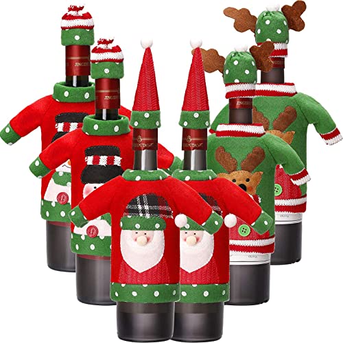 Boao 6 Sets Christmas Wine Bottle Cover and Hats Decoration Handmade Ugly Sweater Knit Wine Bottle Dress Santa Reindeer Snowman for Christmas Holiday Party Decorations