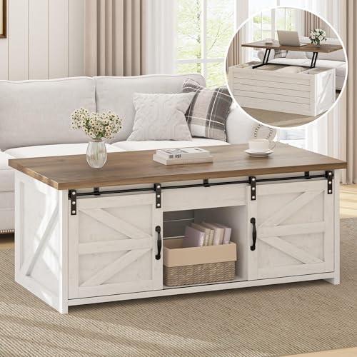 Farmhouse Coffee Table Lift Top with Storage for Living Room, White Coffee Table with Large Hidden Storage Compartment, 48 Inch White Center Table with Sliding Barn Doors