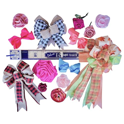 EZ Bow Maker with Rose and Flower Maker Attachment - Easy Bow and Flower Maker Tool Kit for Ribbon, Crafts, Wreaths, Gift Bows, Hair Bows, Flowers, Roses, Christmas Decor Bowmaking, Weddings