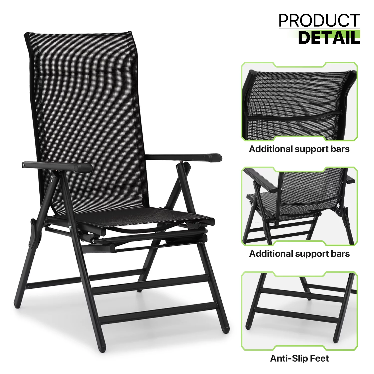 Magshion Set of 2 Folding Lounge Chair with Retractable Footrest, Zero Gravity Reclining Chair with Armrests, 95-140° Adjustable Recliner, Black