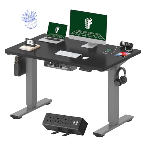 FLEXISPOT EN2 Whole-Piece Standing Desk with Clamp Power Strip, 55 x 28” Electric Stand Up Height Adjustable Desk with Cable Management (Black Frame + 55