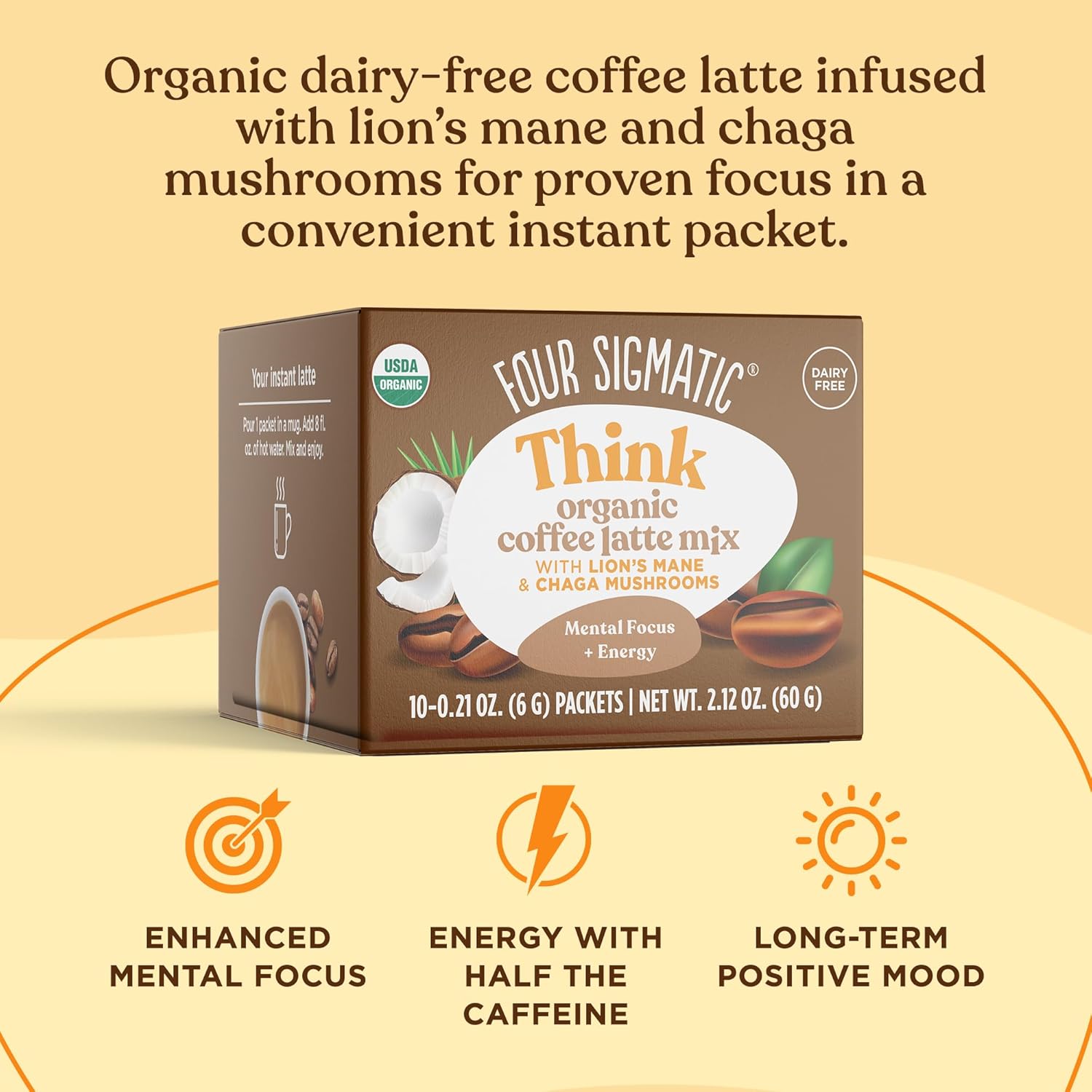 Mushroom Coffee Latte by Four Sigmatic | Daily Dose Alternative | Organic Instant Coffee Latte Mix with Lion's Mane, Chaga Mushrooms & Coconut Milk Powder | Keto & Dairy-Free | 10 Count