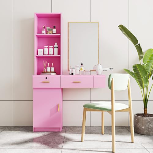 Modern Wood Computer Desk, Makeup Vanity Dressing Table with Drawers Shelves Dresser Desk, Writing Desk Makeup Dressing Table with Multi-Layer Storage for Bedroom with Mirror (Pink)