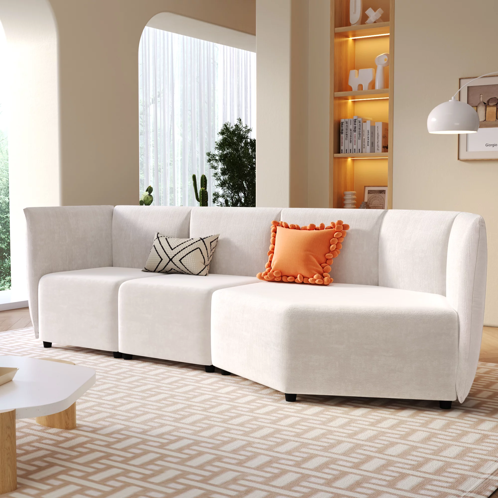 Churanty Modern Curved Sofa and Sectionals Couch 3 Seater Free Combination Sofa with Polyester Upholstery and Adjustable Back for Living Room,Beige