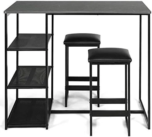 KHBIULIFE 3-Piece Dining Set  Compact 2 Chairs and Table Set  Kitchen Set with Rectangular Faux Marble  3 Metal  Shelves  Fashionable Simple Style  Kitchen Counter Height Table Set (Black