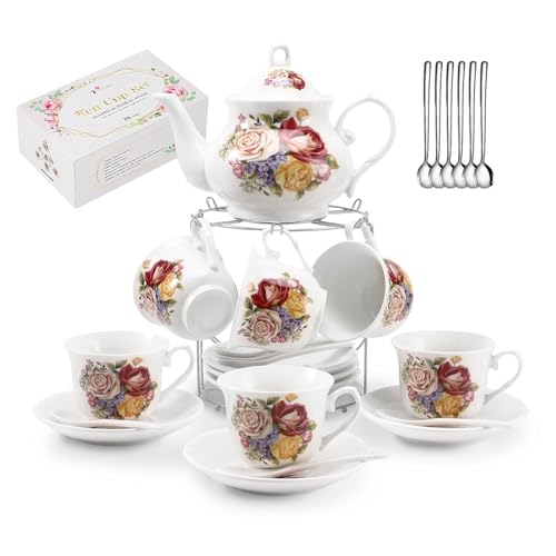 Tea Sets 26-Piece Porcelain Tea Set for Adults,Ceramic Tea Cups (7oz) & Teapot (28oz) with European Vintage Floral Design,Tea Sets For Women Tea Party High Tea,Ideal Gift