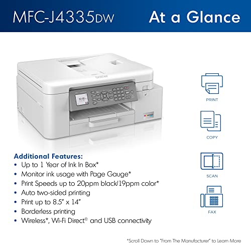 Brother MFC-J4335DW INKvestment Tank Wireless All-in-One Color Inkjet Printer, Up to 1-Year of Ink in-Box, Duplex Printing, Mobile and Cloud Print, Works with Alexa