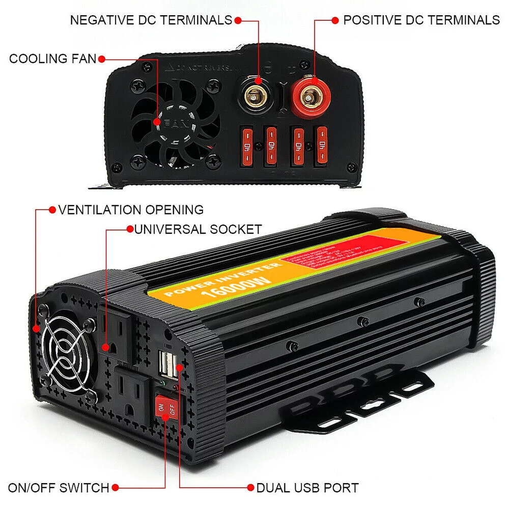 MDHAND Power Inverters,8000 Watts 16000 Watts Pure Sine Wave Power Inverter DC 12V to AC 100V 120V Car Converter with Dual Ac Outlet and USB Car Charger