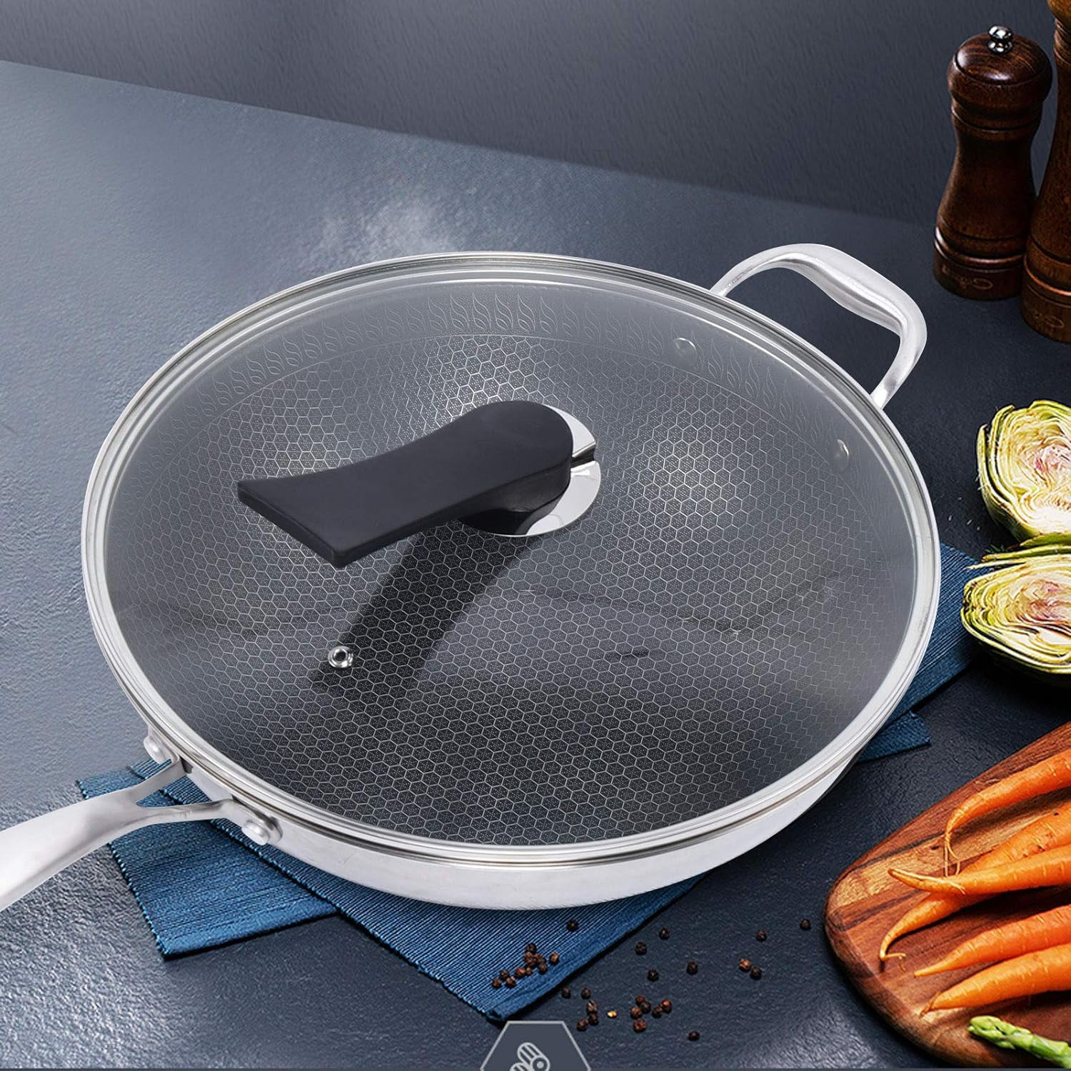 MIDUO Stainless Steel Non Stick Double Sided Honeycomb Cooking Frying Pan w/ Glass Lid