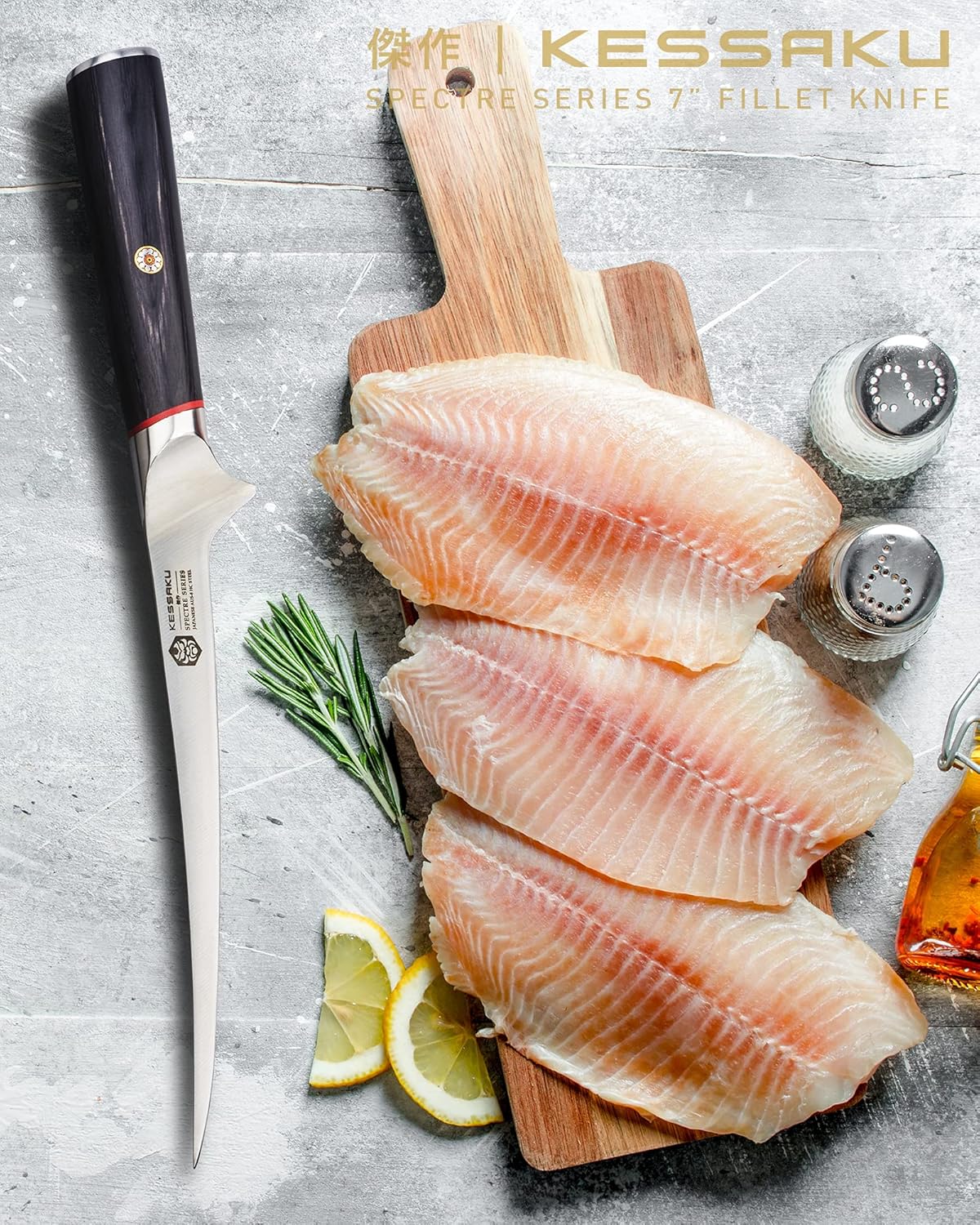 Kessaku 7-Inch Flexible Fillet Knife - Spectre Series - Forged Japanese AUS-8 High Carbon Stainless Steel - Pakkawood Handle with Blade Guard