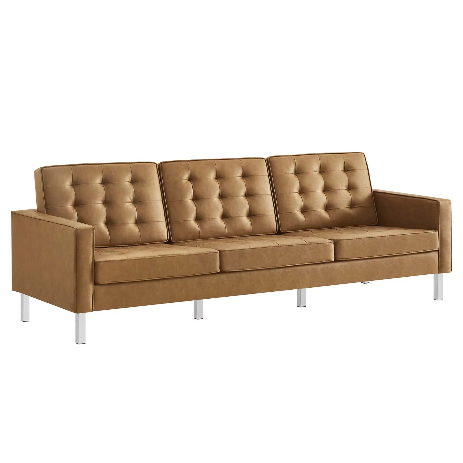 Modway Loft Tufted Vegan Leather Upholstered Living Room Sofa in Silver Tan