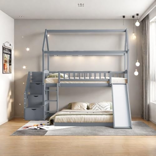 Twin Over Full House Bunk Bed with Stairs and Slide, Modern Bunk Bed Frame with Full-Length & Guard Rail, No Box Spring Needed, Gray