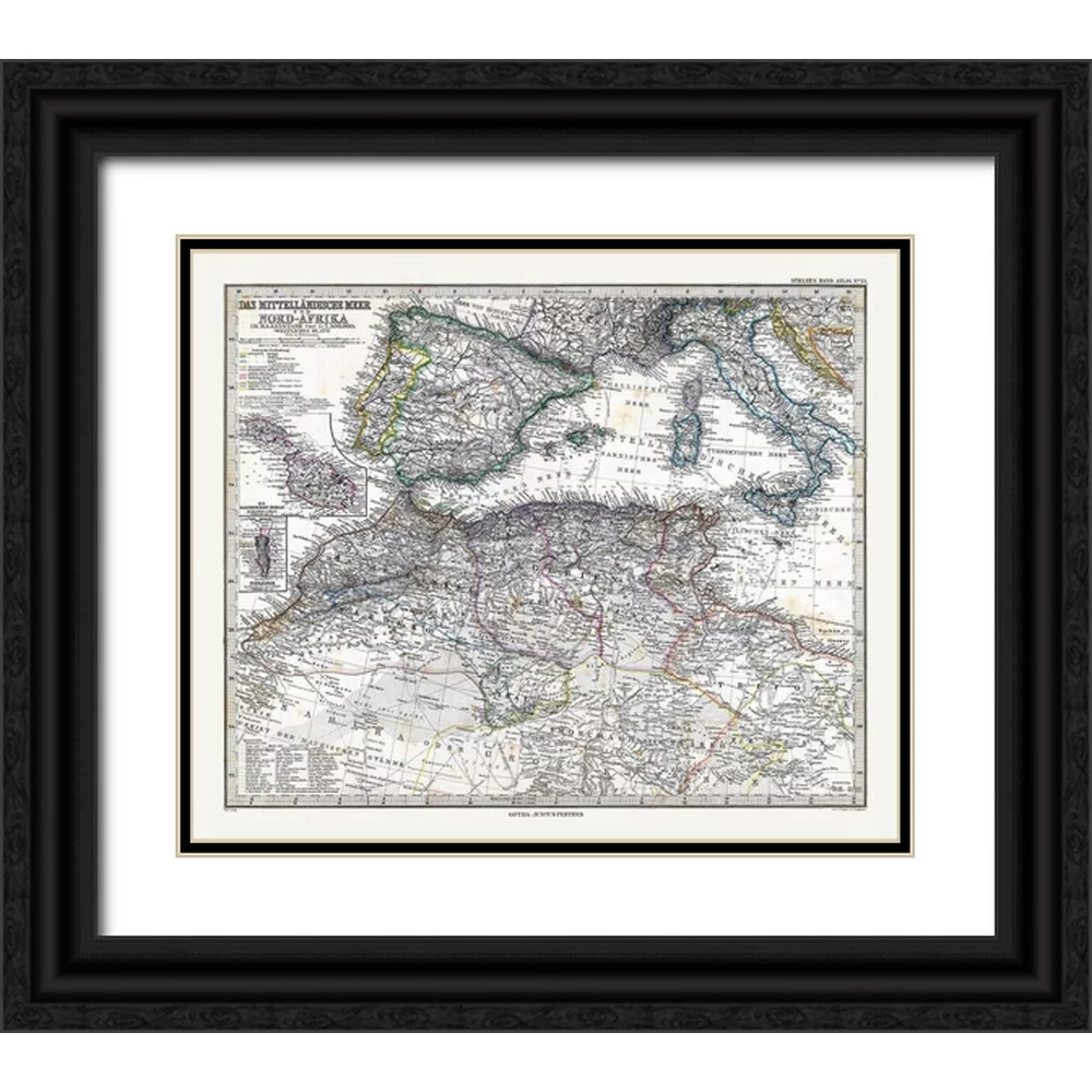 Stieler 14x12 Black Ornate Wood Framed with Double Matting Museum Art Print Titled - Mediterranean Sea North Africa - Stieler 1885