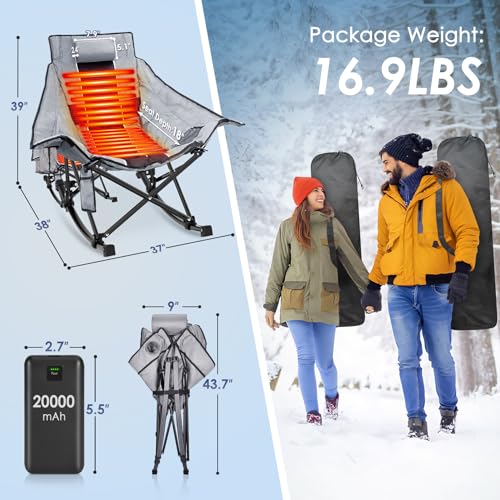 Suteck Heated Rocking Camping Chair, XL Oversized Rocking Chair Outdoor with 3 Heat Levels for Back and Seat, Heated Chairs Outdoor Sports W/20,000mAh Power Bank for Patio Lawn Picnic Travel