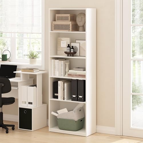 Furinno Gehry 5-Tier Bookcase, Bookshelf with Adjustable Shelves, White