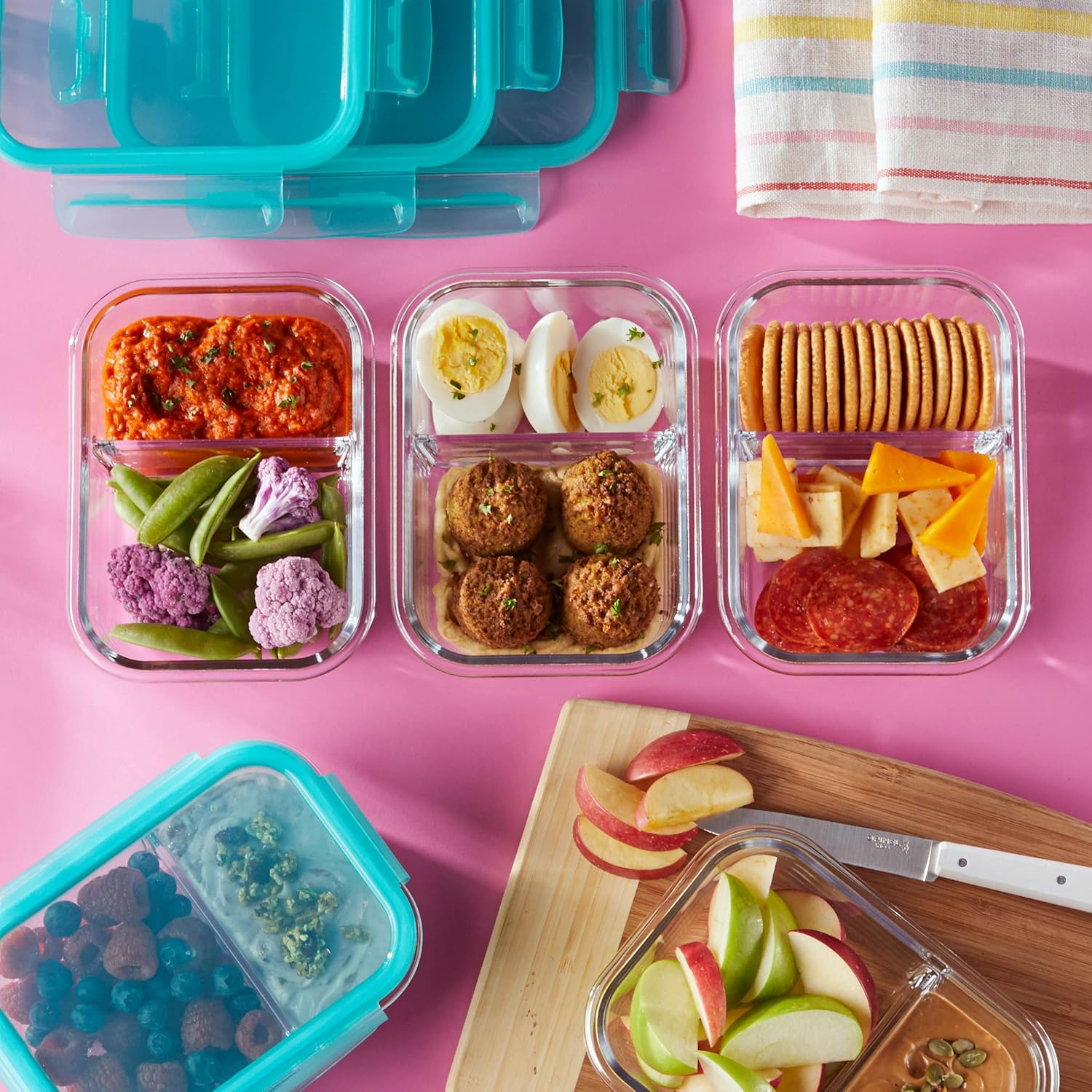 Pyrex Mealbox 10-Pc Bento Box Set, 2.3-Cup Divided Glass Food Storage Containers Set, Non-Toxic, BPA-Free Latching Lids, Freezer, Microwave and Top-Rack Dishwasher Safe, Compartment Bento Lunch Box