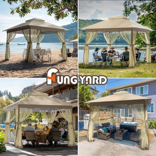 Outdoor Pop Up Gazebo 10x10 - Instant Canopy Tent with Mosquito Nettings, Double Roof Vented Gazebos Tents Shelter for Backyard Shade Party Garden Lawns (Brown, 10x10)