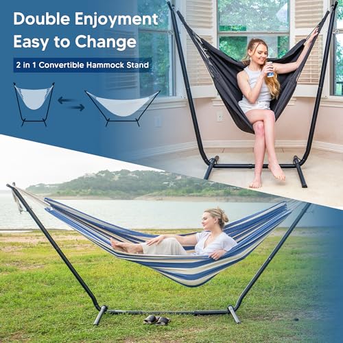 SUNCREAT 2-in-1 Hammocks Hammock Chair with Stand, 475 lbs Capacity, Heavy Duty Two Person Hammock with Stand, Patent Pending, Blue Stripe
