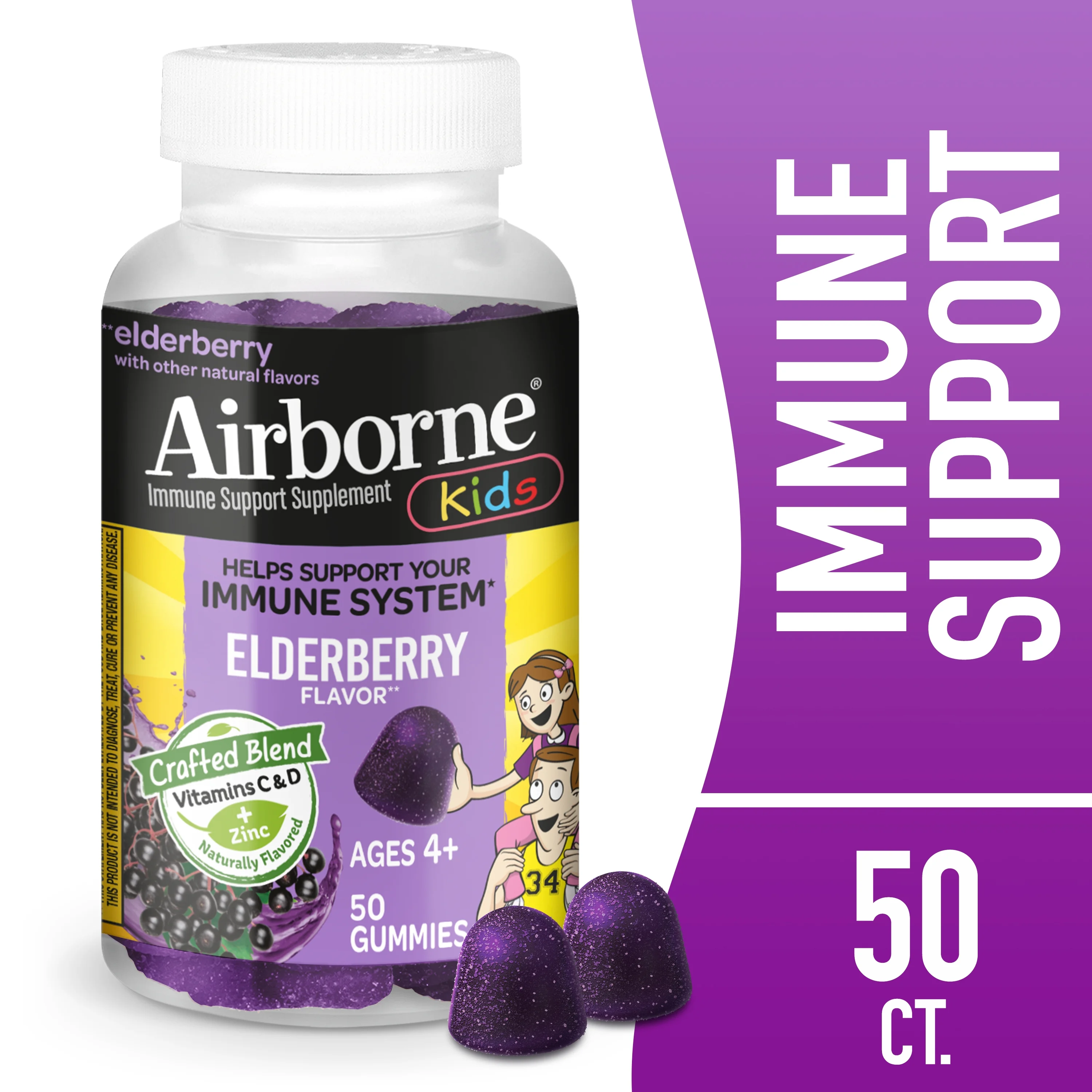 Airborne Vitamin C & Zinc Immune Support Kids Gummies, Elderberry Flavor, 50 Count