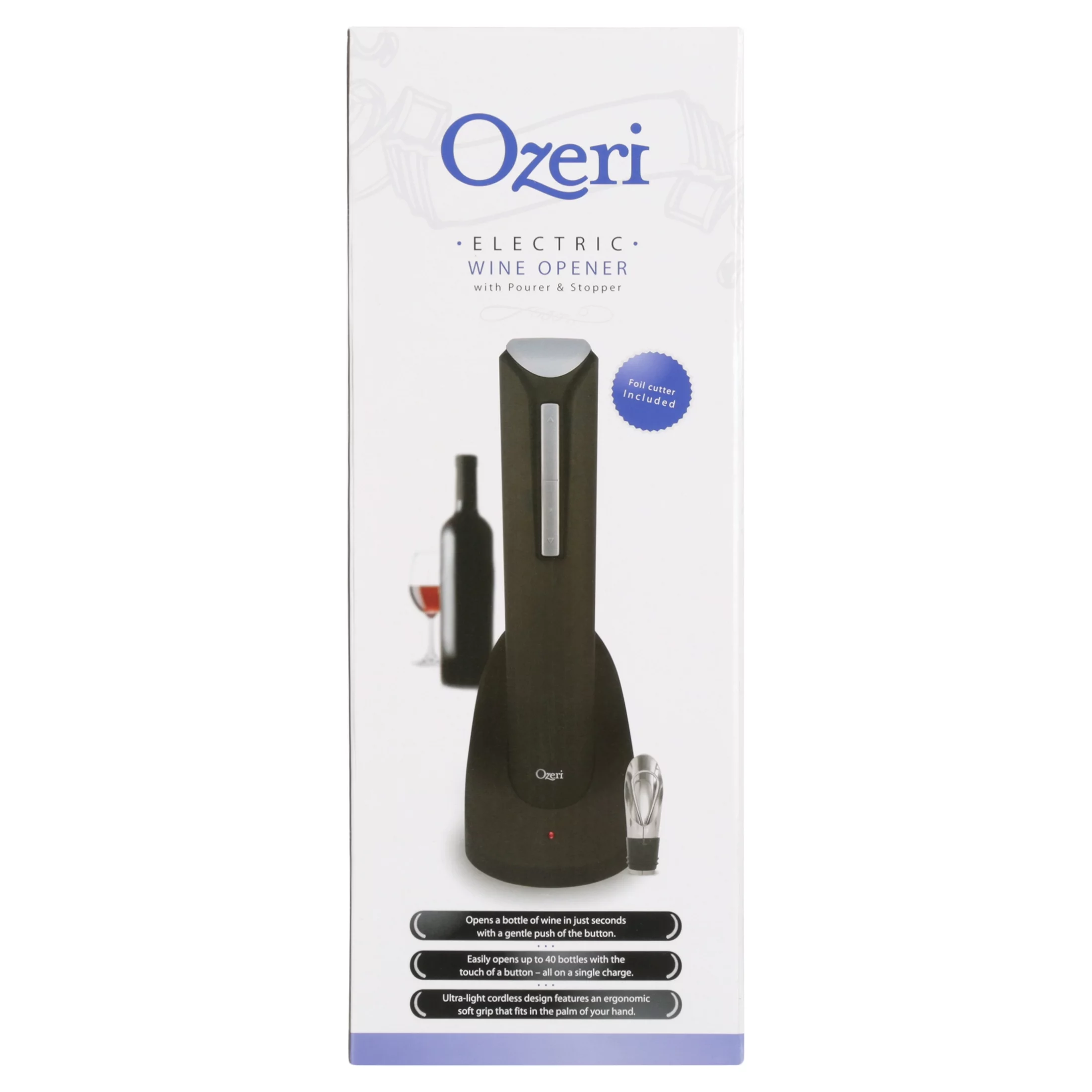 Ozeri Pro Electric Wine Bottle Opener with Wine Pourer, Stopper, Foil Cutter and Elegant Recharging Stand