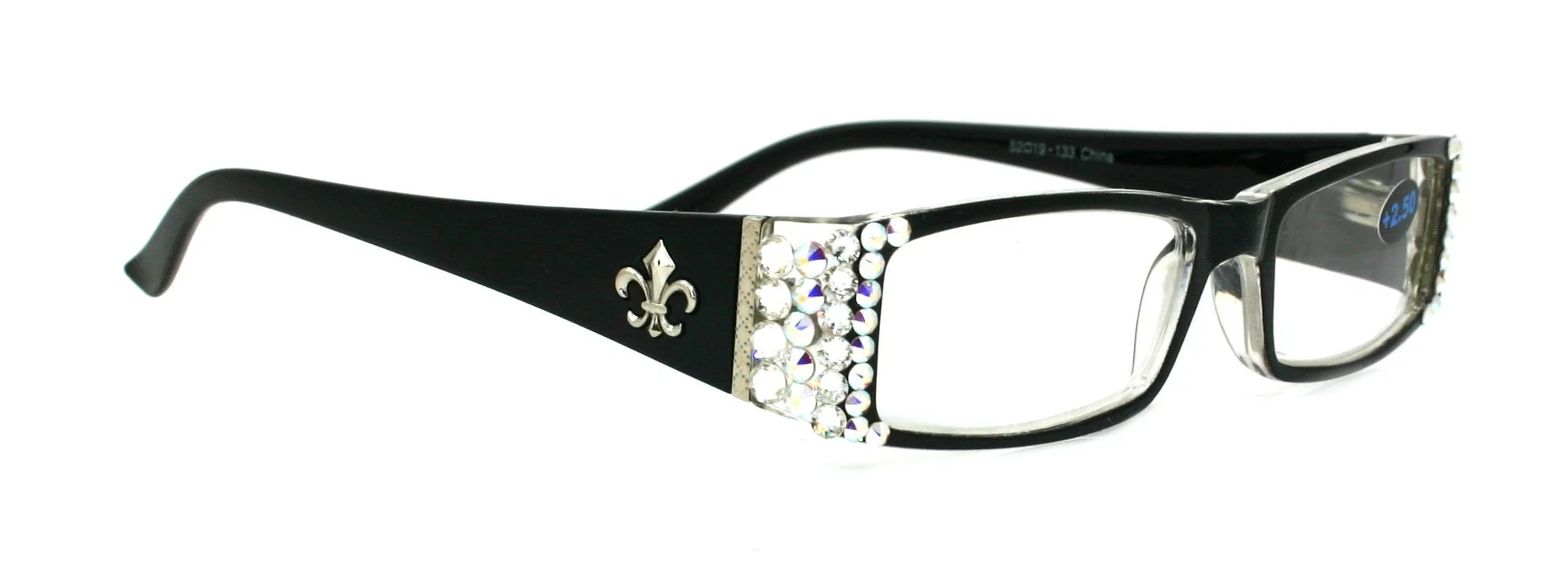 The French, (Bling) (Fleur De Lis) Reading Glasses For Women W (Clear, AB Aurora Borealis) Fancy Genuine European Crystals  (Black)  NY Fifth Avenue