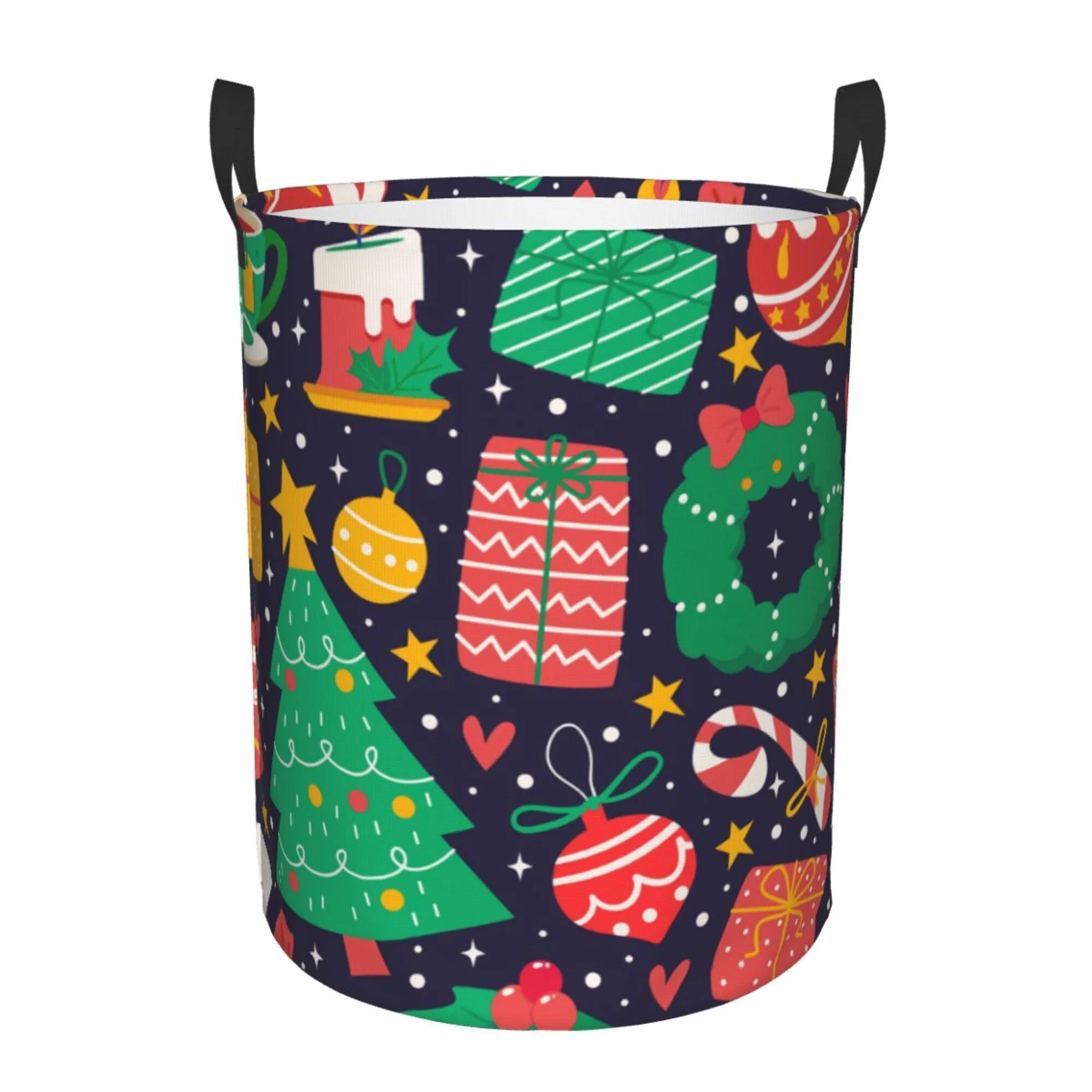 TEQUAN Waterproof Laundry Hampers, Cute Christmas Season Pattern Clothes Storage Basket with Handle (S)