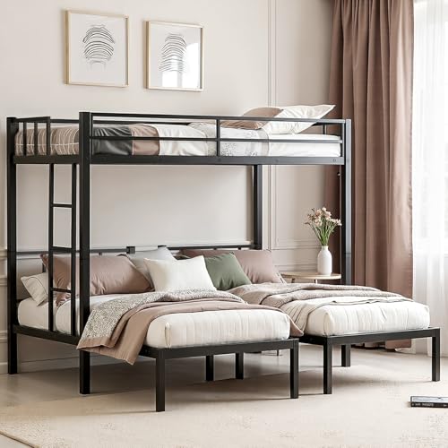 Heavy Duty Triple Bunk Bed, Twin Over Twin Over Twin with Guardrails and Ladder, Metal Bunk Bed for 3, 3 Bed Teens and Adults, No Box Spring Needed, Black