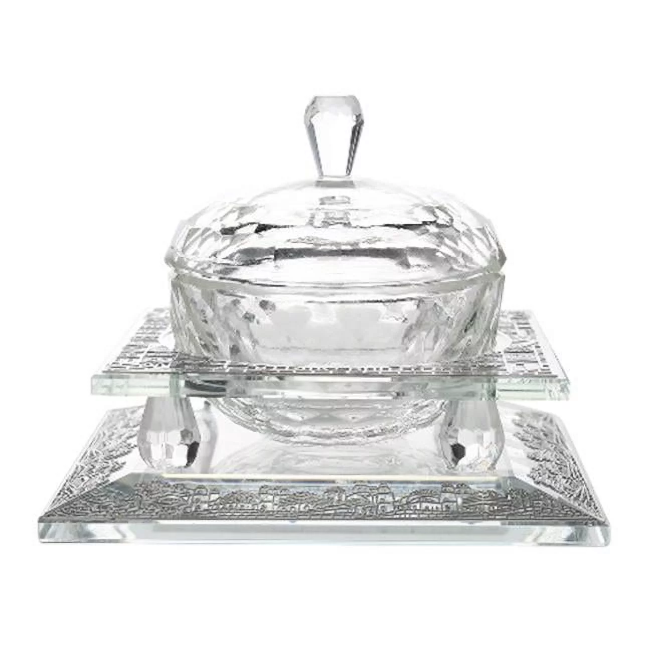 Shonfeld Crystal  3 Piece Crystal Bowl with Cover & Jerusalem Silver - 4.75 x 1.5 in.
