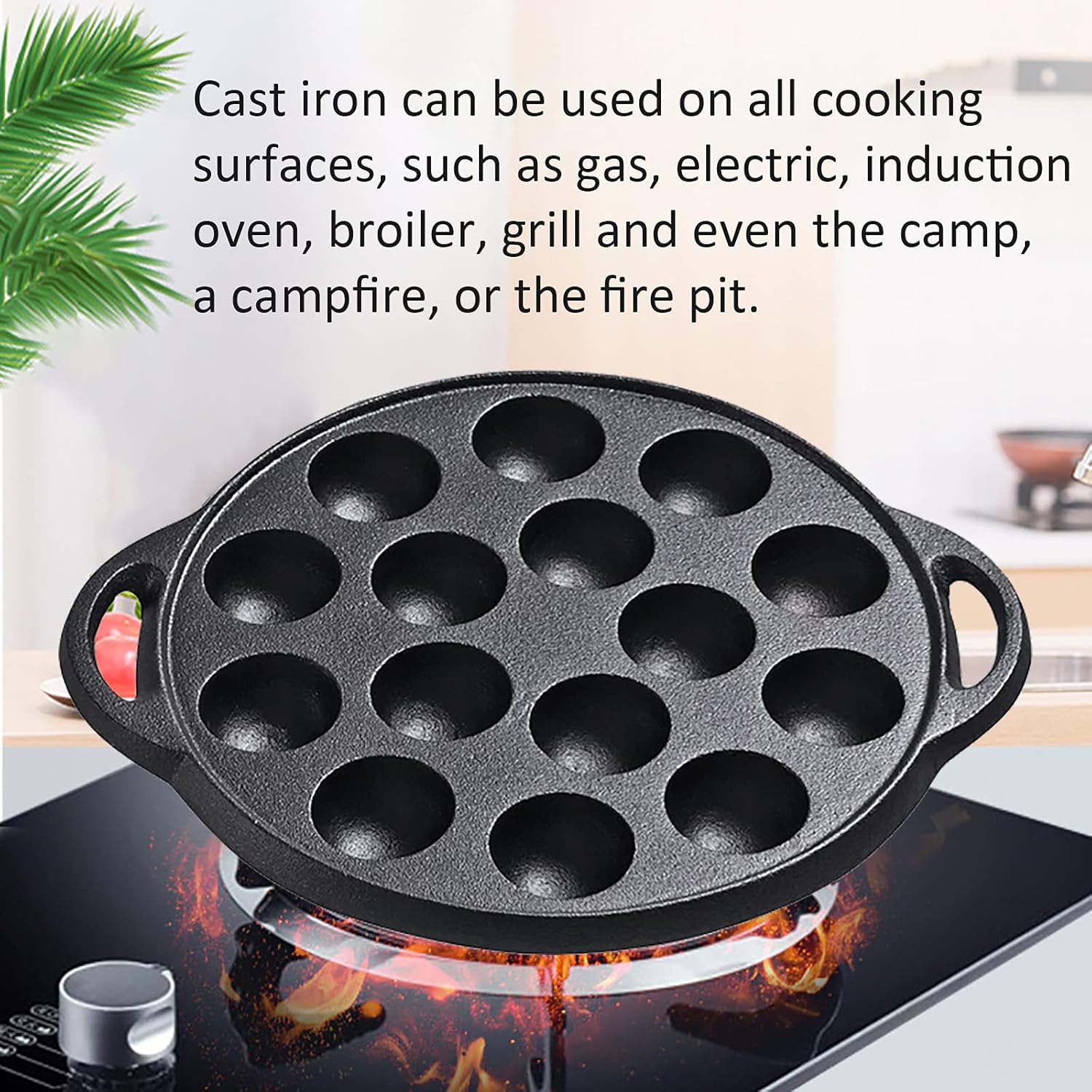 WUWEOT Non-Stick Aebleskiver Pan, Pre-Seasoned Cast Iron Pancake Octopus Ball Grill, 1.5