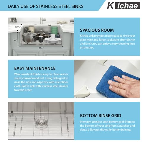 Kichae 12“ Deep Laundry Sink Undermount - 24 Inch Black Undermount Utility Sink Stainless Steel Single Bowl Under Counter Handmade Laundry Utility Room Basin