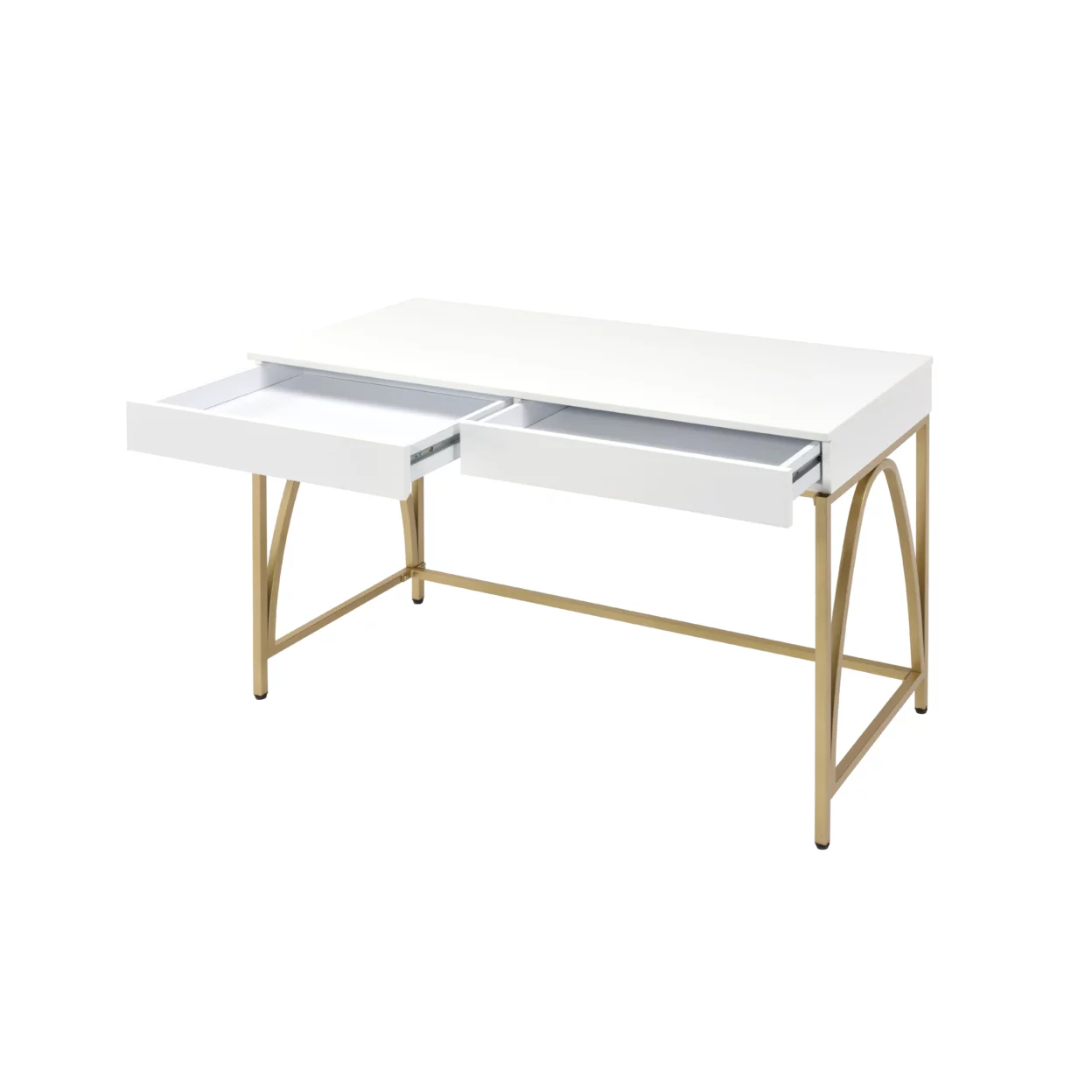 Rectangular Wooden Frame Desk with 2 Drawers and Metal Legs, White and Gold