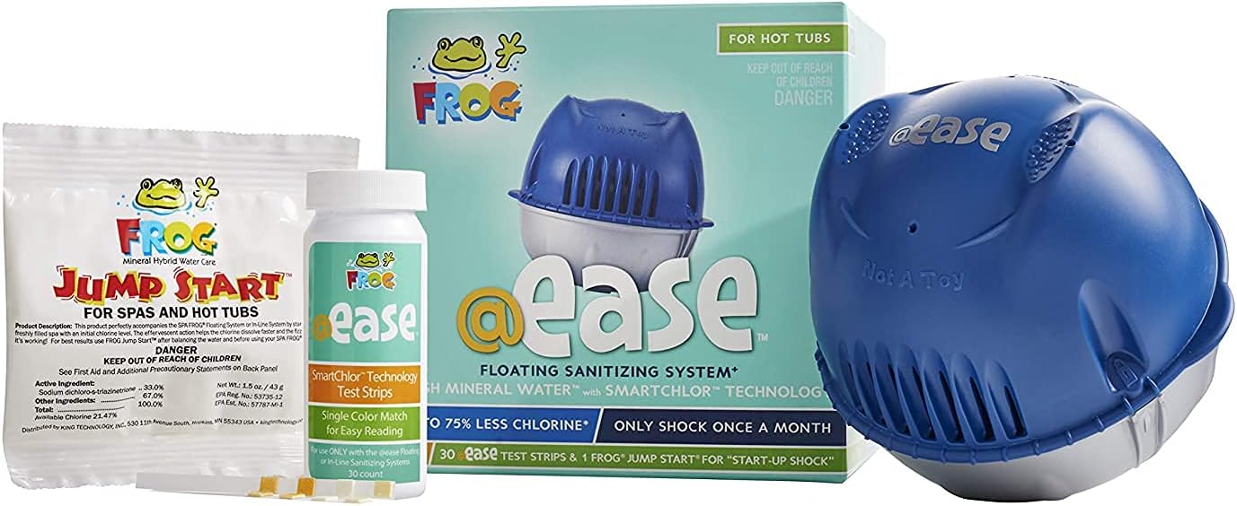 HotTubClub Frog @Ease Floating Sanitizing System for Tubs and Spas - Contains (@Ease SmartChlor Sanitizing System, @Ease SmartChlor 3pk Refill Kit, Floating ScumBug & Hot Tub Care e-Book (9 Items)