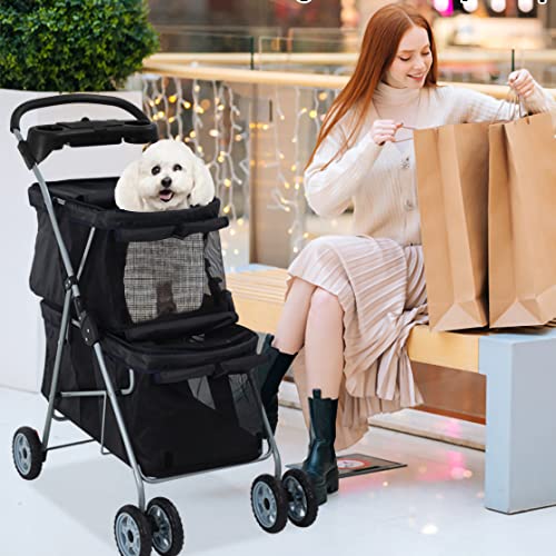 Pets Double Pet Stroller 4 Wheel Folding Dog Stroller with Water Cup Holder Cat Stroller Travel Carrier Stroller Jogger Stroller for Small Medium Dogs Cats Portable Storage Basket, Pink