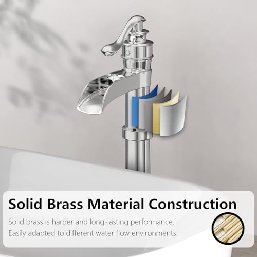 Vessel Sink Faucet, Oil Rubbed Bronze Black Bathroom Faucet, Farmhouse Waterfall Sink Faucet Single Hole with Pop Up Drain Assembly Without Overflow One Hole Mixer Tap Deck Mount