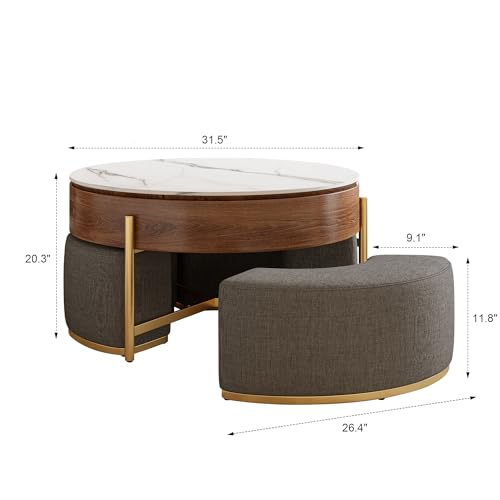 Lift Top Coffee Table with Storage, Round Center Table with Hidden Storage and 3 Upholstered Nesting Ottomans, Space-Saving Design, Brown+Grey