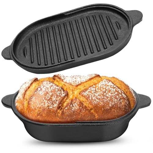 Cast Iron Bread Pan with Lid Pre-Seasoned Dutch Oven 2.2QT Non-Stick Bread Loaf Pan, Sourdough Artisan Baking Pots for Baking Roasting(2-In-1)