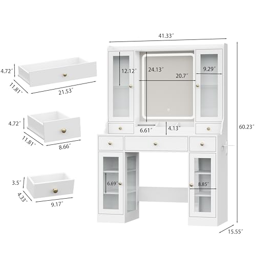 White Vanity Desk with Mirror and Lights, Makeup Vanity Table with Lighted Mirror, 5 Drawers & RGB Cabinet, Dressing Table Set with Charging Station for Girls Bedroom, 3 Lighting Modes
