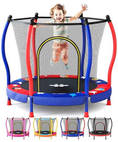 Happin® 55” Toddler Trampoline Indoor & Outdoor Playset, 5FT Kids Trampoline, Ultra Safe Mini Trampoline for Kids with Safety Enclosure Net, Gifts for Birthday with Basketball Hoop