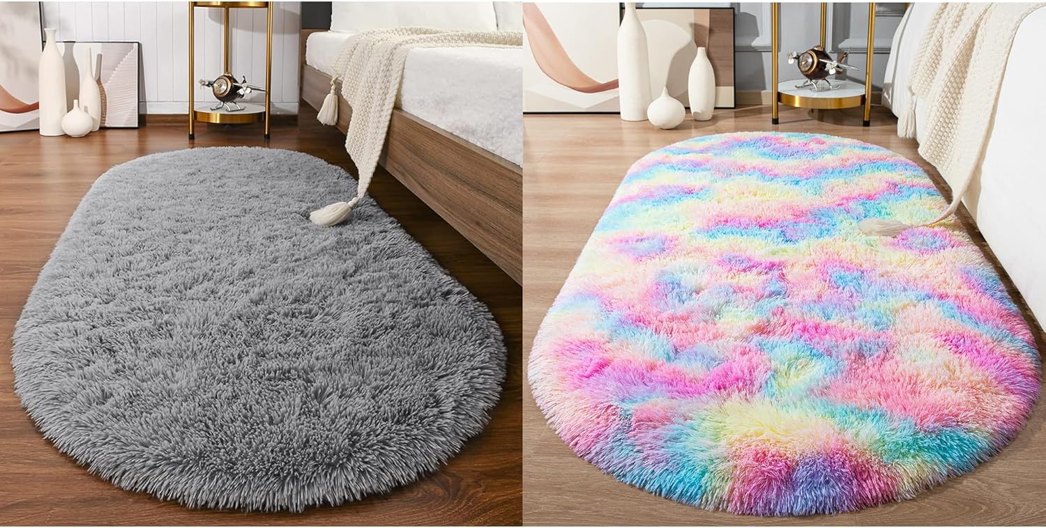Softlife Fluffy Rugs for Bedroom Set of 2, Grey & Rainbow Shag Cute Area Rug for Girls and Kids Baby Room Home Decor, 2.6 x 5.3 Feet Oval Indoor Carpet for Nursery Dorm Living Room