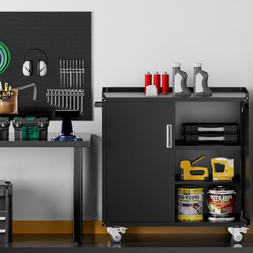 Metal Garage Storage Cabinet with Wheels, Lockable Rolling Tool Chest with Wheels, Tool Cabinet on Wheels, Metal Rolling Utility Cabinet for Home, Office, Garage and Workshop, Black
