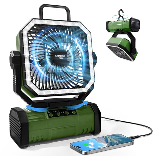 20000mAh Portable Camping Fan W/Bluetooth Speaker, Rechargeable Battery Operated Oscillating Camp Tent Fan W/Remote control, 4 Speeds, LED lights & 360° Rotation Hook for Outdoor RV Travel