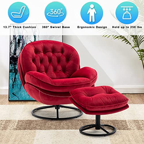 Baysitone Velvet Swivel Accent Chair with Ottoman Set, Modern Lounge Chair with Footrest, Comfy Armchair with 360 Degree Swiveling for Living Room, Bedroom, Reading Room, Home Office (Fruit Green)
